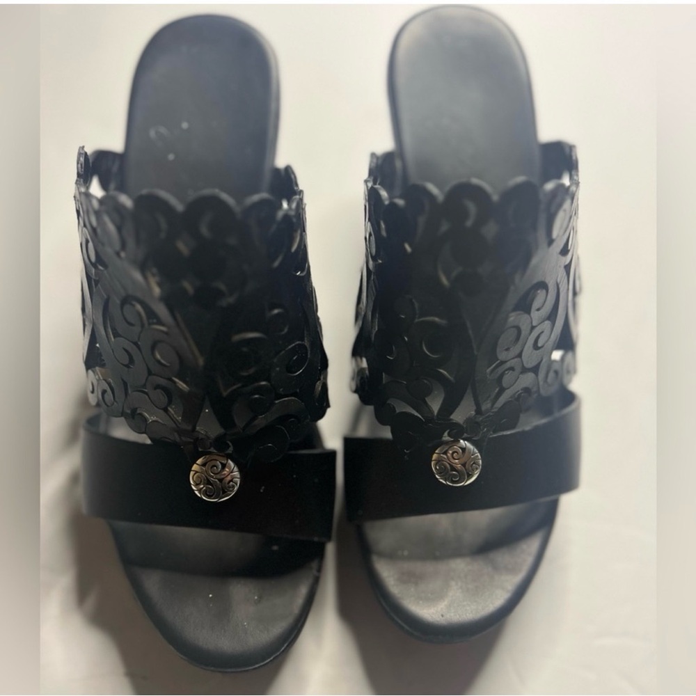 Brighton Black Leather Wedge Sandals Filigree Slide 8M